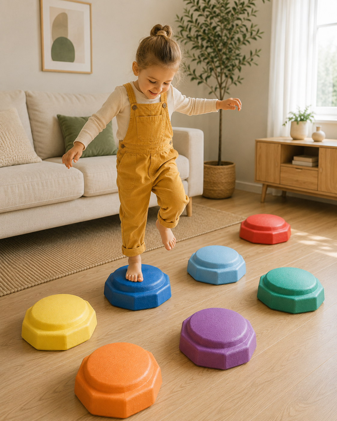 Kind speelt met COREZA stapelstenen in de woonkamer